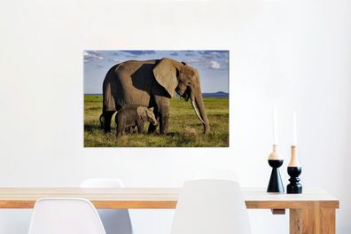 Leinwandbilder - 90x60 cm - Mutter und Baby-Elefant durch die Savanne (Gr. 90x60 cm)