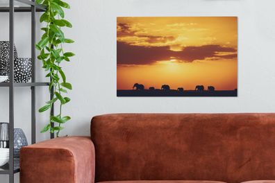 Leinwandbilder - 90x60 cm - Elefantenherde bei Sonnenuntergang (Gr. 90x60 cm)