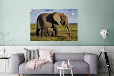 Glasbilder - 120x80 cm - Mutter und Baby-Elefant durch die Savanne (Gr. 120x80 cm)