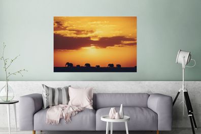 Glasbilder - 120x80 cm - Elefantenherde bei Sonnenuntergang (Gr. 120x80 cm)