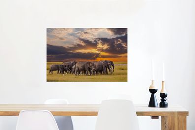Glasbilder - 90x60 cm - Elefantenherde an einem See (Gr. 90x60 cm)