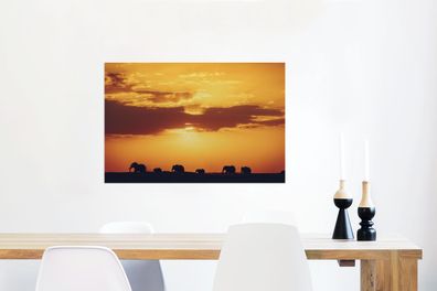 Glasbilder - 90x60 cm - Elefantenherde bei Sonnenuntergang (Gr. 90x60 cm)
