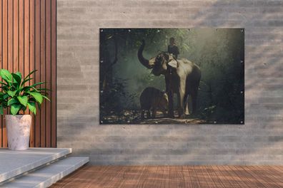 Gartenposter - 180x120 cm - Elefantentrainer mit einem Elefanten und ihrem Baby im Wa