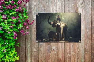 Gartenposter - 60x40 cm - Elefantentrainer mit einem Elefanten und ihrem Baby im Wald