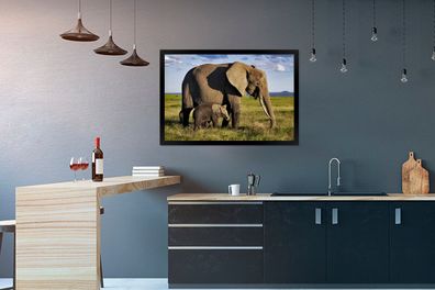Poster - 90x60 cm - Mutter und Baby-Elefant durch die Savanne (Gr. 90x60 cm)