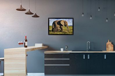 Poster - 60x40 cm - Mutter und Baby-Elefant durch die Savanne (Gr. 60x40 cm)