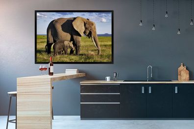 Poster - 120x80 cm - Mutter und Baby-Elefant durch die Savanne (Gr. 120x80 cm)