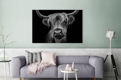 Leinwandbilder - 120x80 cm - Schottischer Highlander - Hörner - Schwarz - Weiß