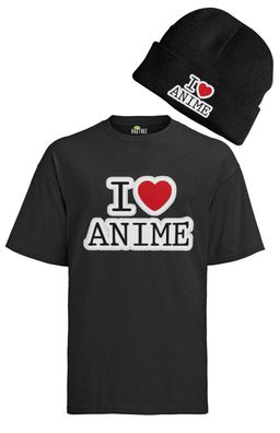 Herren Set T-Shirt & Mütze Herz I Love Anime Ich Liebe Anime Manga Lover Otaku