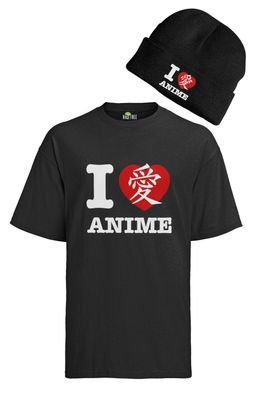 Herren Set T-Shirt & Mütze I Love Anime Ich Liebe Anime Manga Lover geek Otaku