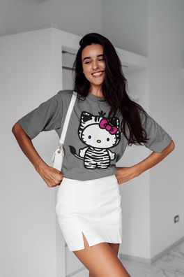 Bio Baumwolle Damen T-Shirt Oversize Hello Kitty Hallo Zebra Katze Süße Katze