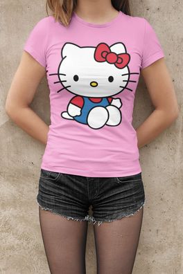 Bio Baumwolle Damen T-Shirt Hello Kitty Hallo Sitzt Katze Süße Katze Lady Cat