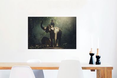 Glasbilder - 60x40 cm - Elefantentrainer mit einem Elefanten und ihrem Baby im Wald