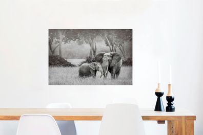 Glasbilder - 60x40 cm - Baby-Elefant mit ihrer Mutter in schwarz und weiß