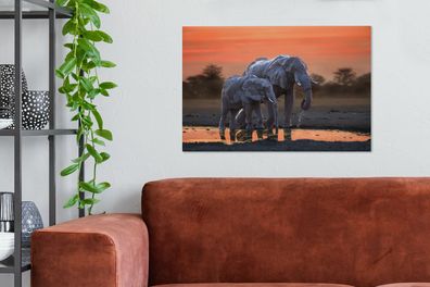 Leinwandbilder - 90x60 cm - Zwei Elefanten bei Sonnenuntergang (Gr. 90x60 cm)