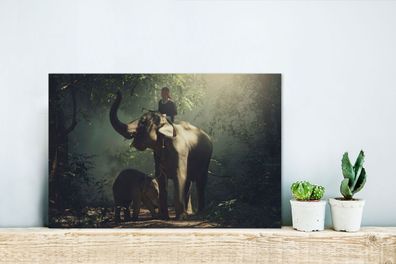 Glasbilder - 30x20 cm - Elefantentrainer mit einem Elefanten und ihrem Baby im Wald