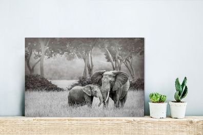 Glasbilder - 30x20 cm - Baby-Elefant mit ihrer Mutter in schwarz und weiß