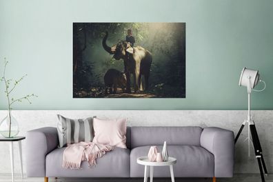 Glasbilder - 120x80 cm - Elefantentrainer mit einem Elefanten und ihrem Baby im Wald