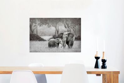 Leinwandbilder - 60x40 cm - Baby-Elefant mit ihrer Mutter in schwarz und weiß