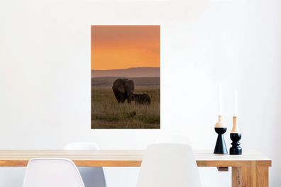 Glasbilder - 60x90 cm - Weidende Elefanten bei Sonnenuntergang (Gr. 60x90 cm)