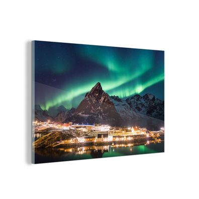 Glasbilder - 90x60 cm - Nordlicht über einem Dorf in Norwegen (Gr. 90x60 cm)