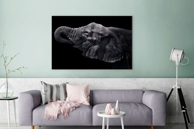 Leinwandbilder - 120x80 cm - Elefant mit Rüssel im Maul in Schwarz und Weiß