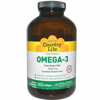 Country Life, Omega-3, 1000 mg, 300 Weichkapseln