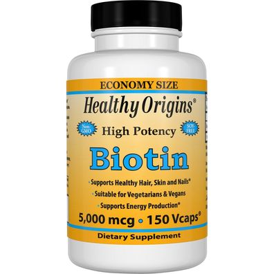 Healthy Origins, Biotin, hochwirksam, 5.000mcg, 150 Vcaps
