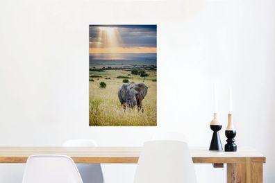 Glasbilder - 40x60 cm - Sonnenstrahlen über einem Elefanten in der Savanne