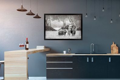 Poster - 90x60 cm - Baby-Elefant mit ihrer Mutter in schwarz und weiß (Gr. 90x60 cm)