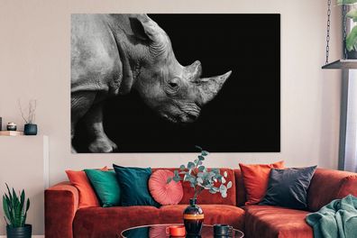 Leinwandbilder - 150x100 cm - Portrait Nashorn auf schwarzem Hintergrund