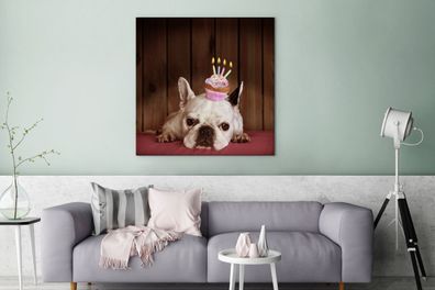 Leinwandbilder - 90x90 cm - Französische Bulldogge - Cupcake - Kerzen (Gr. 90x90 cm)