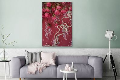 Leinwandbilder - 80x120 cm - Perlenketten entlang Bouquet mit rosa Rosen