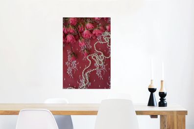 Glasbilder - 60x90 cm - Perlenketten entlang Bouquet mit rosa Rosen (Gr. 60x90 cm)