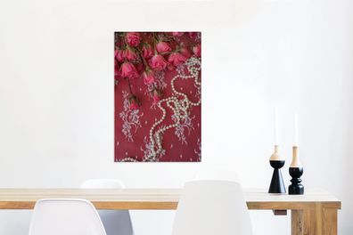 Leinwandbilder - 40x60 cm - Perlenketten entlang Bouquet mit rosa Rosen