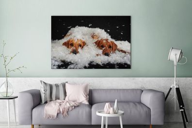 Leinwandbilder - 140x90 cm - Versteckte Labradore zwischen den Federn (Gr. 140x90 cm)