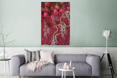 Glasbilder - 80x120 cm - Perlenketten entlang Bouquet mit rosa Rosen (Gr. 80x120 cm)
