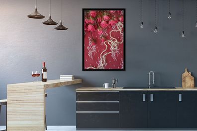 Poster - 60x90 cm - Perlenketten entlang Bouquet mit rosa Rosen (Gr. 60x90 cm)