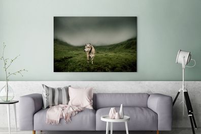 Leinwandbilder - 140x90 cm - Kuh - Nebel - Landschaft (Gr. 140x90 cm)