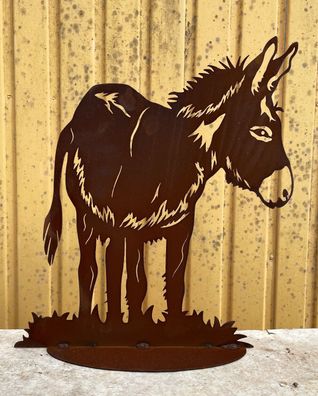 Esel Flecki auf Platte 47x41cm Edelrost Rost Metall Rostfigur Pferd Pony