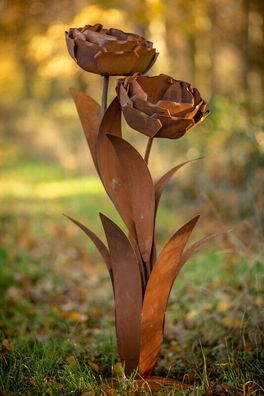 Rose mit 2 Blüten H118cm Deko-Blume Edelrost Rost Metall Dekoration Garten