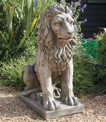 Steinfigur großer Löwe sitzend 95cm grau Englischer Steinguss Lion Torwächter