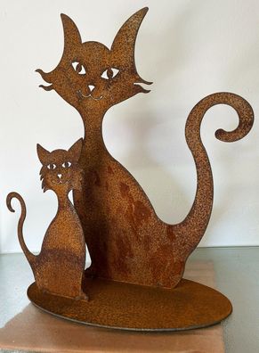 Katzenmutter mit Kitten 40x36cm auf Platte Edelrost Rost Metall Rostfigur Katze