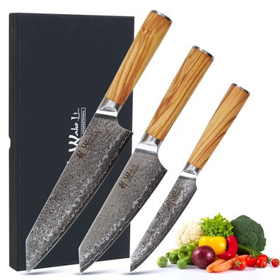 Wakoli Damast 3er Messer-Set Kiritsuke mit Klingen von 11 bis 20 cm mit Olivenholz...