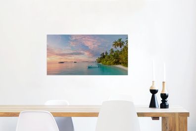 Glasbilder - 120x60 cm - Tropisch - Sonnenuntergang - Boote (Gr. 120x60 cm)