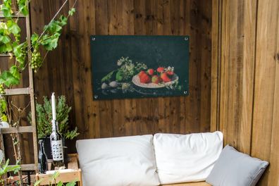 Gartenposter - 90x60 cm - Erdbeeren - Malerei - Stillleben - Blumen - Ei - Teller