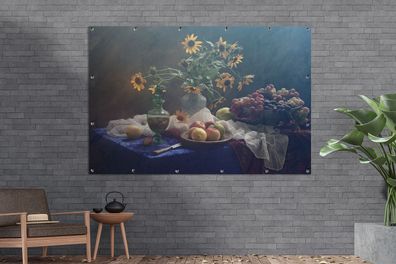 Gartenposter - 180x120 cm - Stilleben - Weintrauben - Sonnenblumen - Obst - Kunst - M