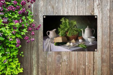 Gartenposter - 60x40 cm - Stilleben - Lebensmittel - Teekanne - Käse - Krug - Salat -
