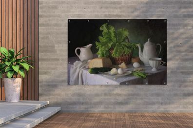 Gartenposter - 180x120 cm - Stilleben - Lebensmittel - Teekanne - Käse - Krug - Salat