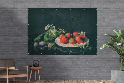 Gartenposter - 180x120 cm - Erdbeeren - Malerei - Stillleben - Blumen - Ei - Teller